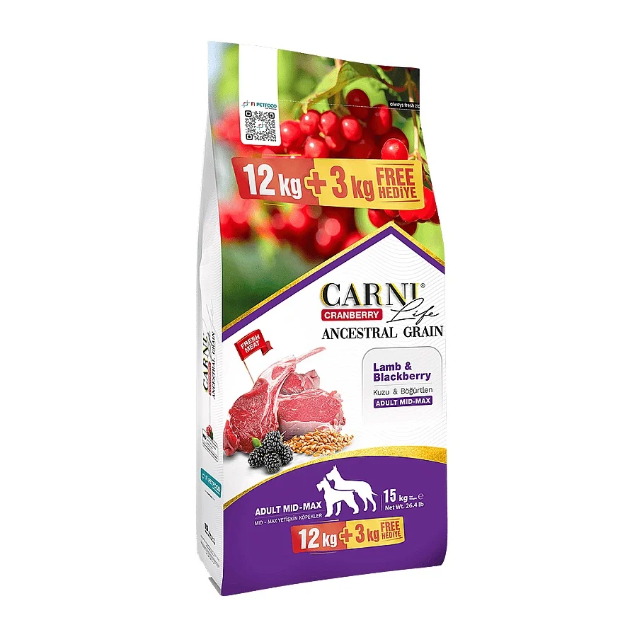 Carni Life Cranberry Ancestral Grain Adult Medium & Maxi Kuzu Etli & Böğürtlenli Yetişkin Köpek Maması 12+3Kg