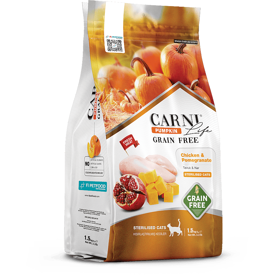 Carni Life Pumpkin Adult Sterilised Tahılsız Tavuklu & Narlı Kısırlaştırılmış Yetişkin Kedi Maması 1,5 Kg