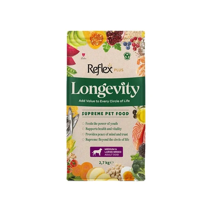 REFLEX PLUS LONGEVITY ORTA VE BÜYÜK IRK YETİŞKİN KÖPEK MAMASI 2700 G