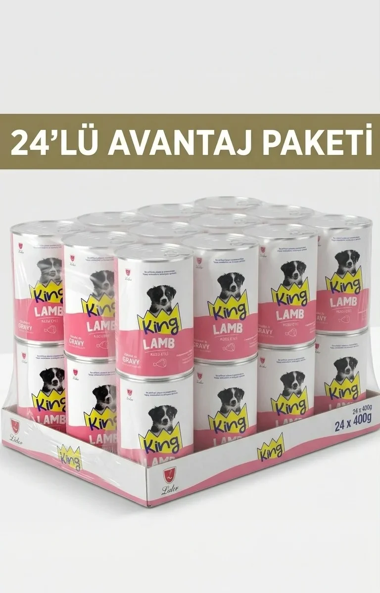 King Konserve Sos İçinde Et Parçacıklı Kuzu Etli Yetişkin Köpek Maması 400 g x 24Ad.